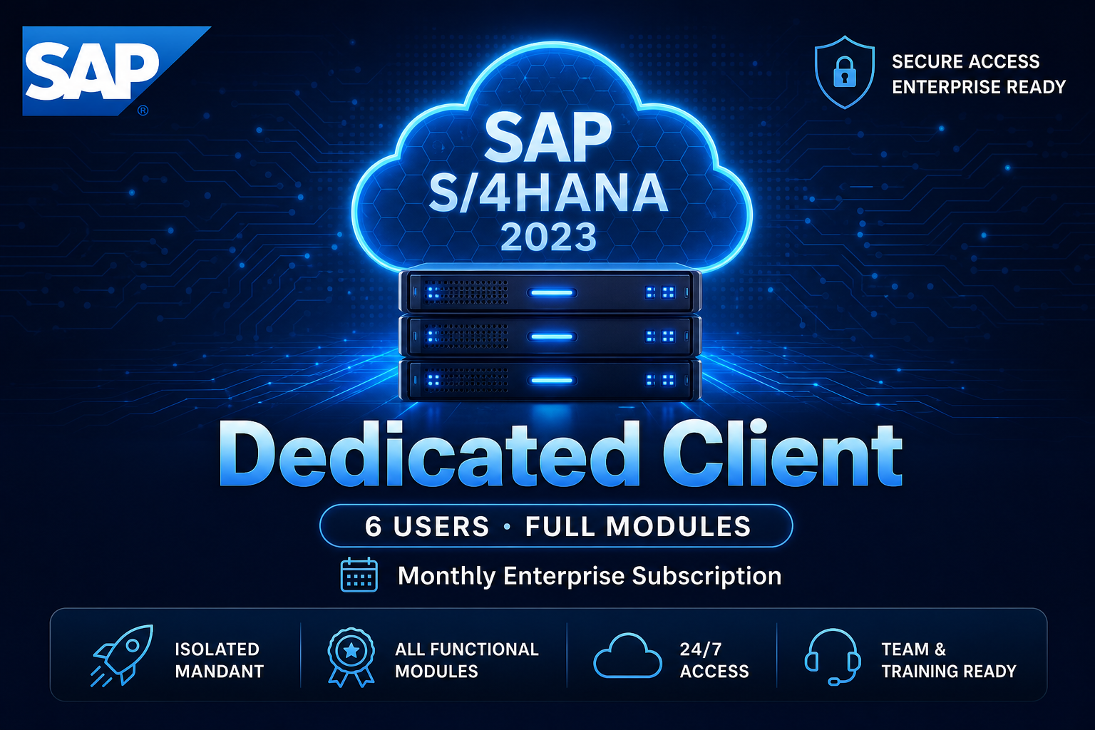Dedicated SAP S/4HANA 2023 client — 6 named users, full module access including PP/DS, EWM, AATP.